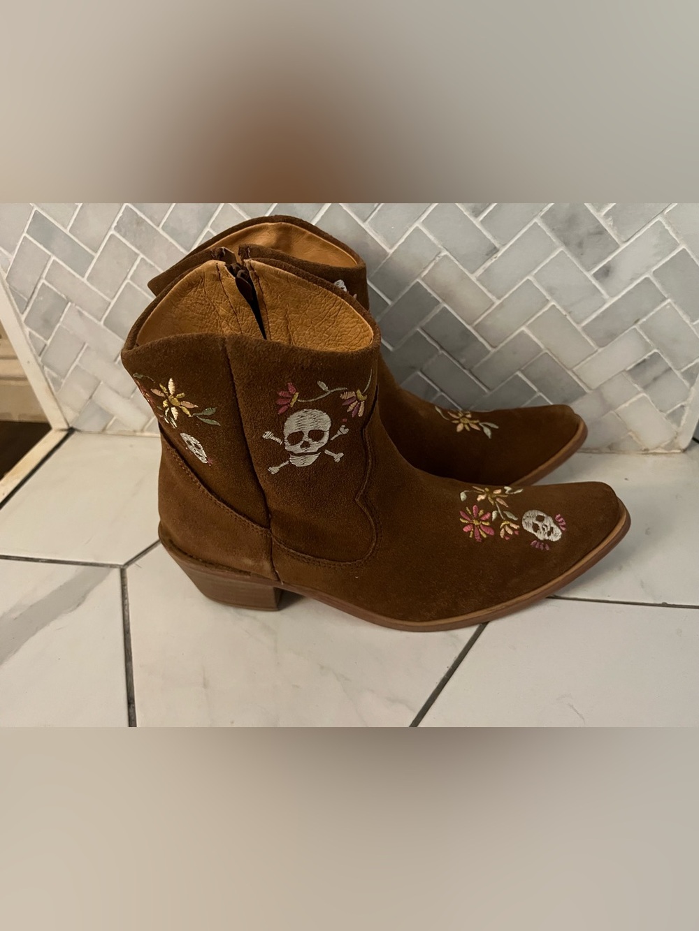 Embroidered Skull Brown Suede Ankle Heeled Boots